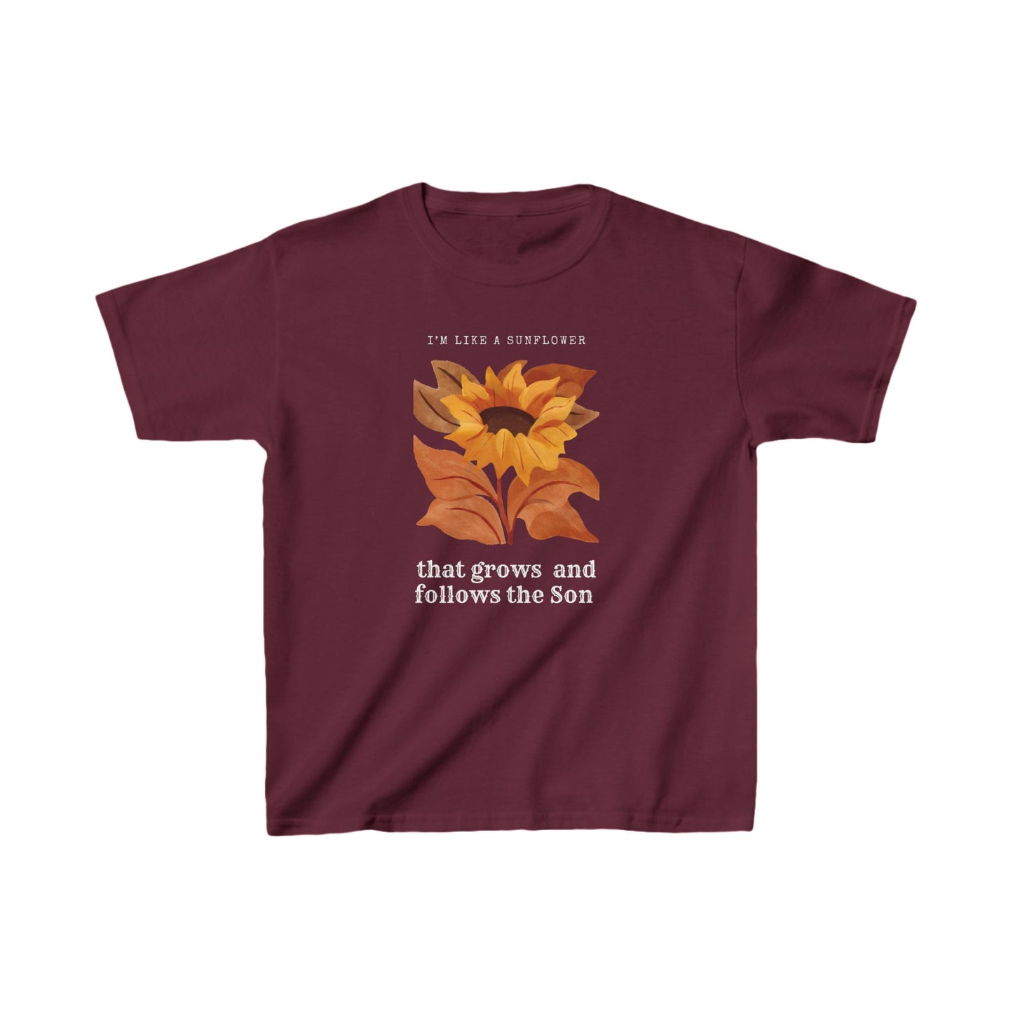 Camiseta cristiana católica para niños con el girasol siguiendo al hijo 